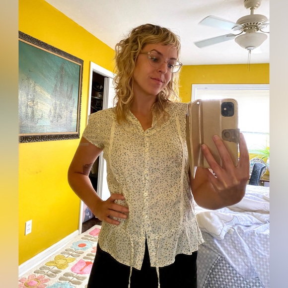 Cottage Core Blouse Dainty Blue Floral Print - Picture 1 of 4